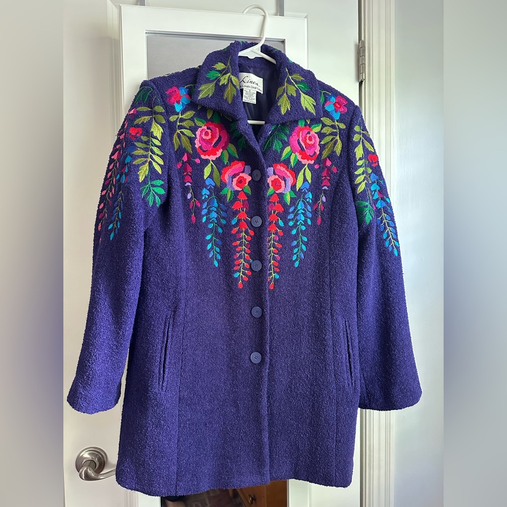 Vintage Embroidered Floral Wool Blend Coat - Purple Size Small